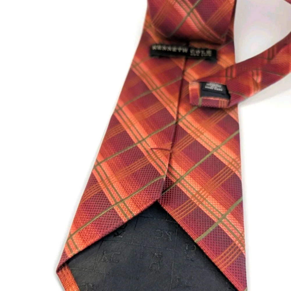 Kenneth Cole Men’s Silk Tie Red Orange Plaid Classic Business Formal